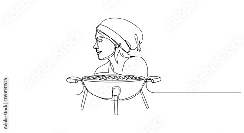 Woman at BBQ grill one line drawing. Continuous line art of female cooking outdoors. Minimalist barbecue and picnic vector illustration