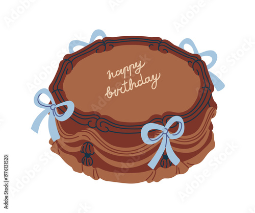 Happy birthday cake with chocolate cream, ribbon bow decorations, holiday message on top. Coquette choco dessert, confectionery for festive party. Flat vector illustration isolated on white background