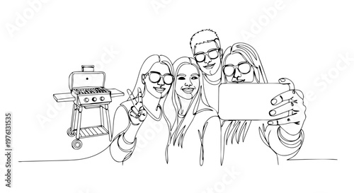 Group of friends taking a selfie at a barbecue party. One line drawing vector illustration. Social gathering and friendship concept