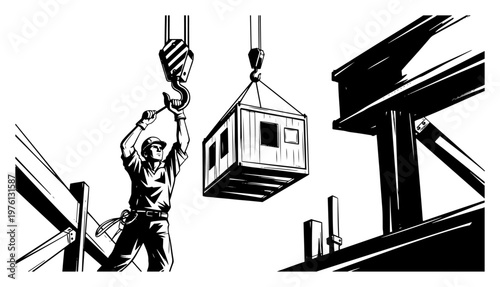 Construction worker guiding crane hook to lift modular building container in stark graphic style
