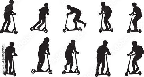 Set of people riding kick scooters silhouette vector illustration icons