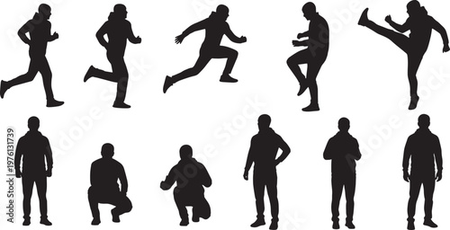Set of man silhouettes in various action poses vector illustration