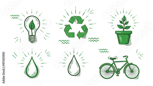 Eco-Friendly Icons: Set of environmentally conscious symbols. A visual collection of eco-friendly icons representing sustainability and the natural world, promoting environmental awareness.