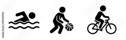 Minimal sports icon set with swimmer, basketball player, and cyclist in motion. Clean black vector pictograms on a transparent background for fitness and activity design.