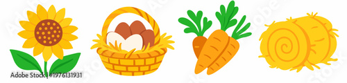 Cheerful farm produce clipart including sunflower bloom, egg basket, fresh carrots, and rolled hay bale. Flat isolated elements on transparent background for harvest graphics.