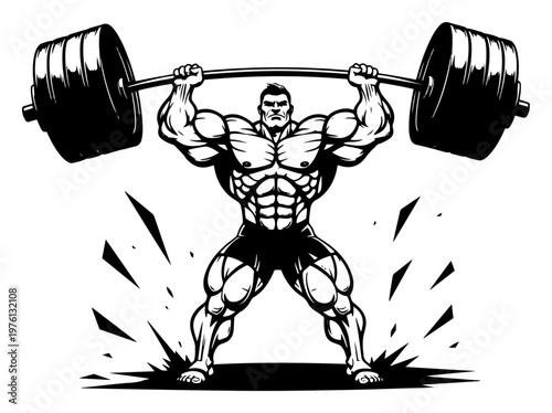 Muscular bodybuilder lifting heavy barbell overhead in powerful graphic style