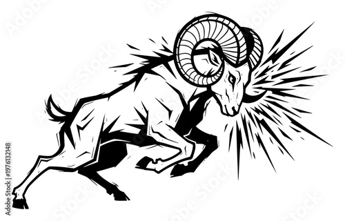 Charging ram with large horns and dynamic explosive energy in stylized graphic style