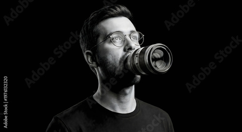 A man with a camera lens in his mouth looking up thoughtfully