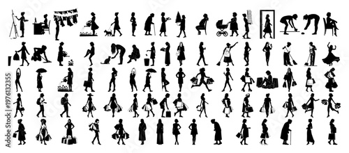 Female silhouettes collection performing various daily activities and chores in minimalist graphic style