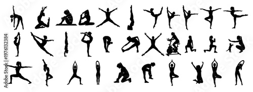 Yoga silhouettes in various fitness and exercise poses for wellness design