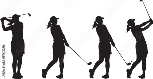 Woman Golfer Swing Sequence Silhouette Set Illustration Vector