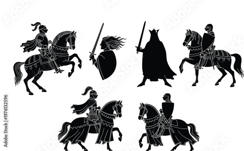 Medieval knight silhouette collection with horse riders and warriors, historical armor figures in black vector illustration set
