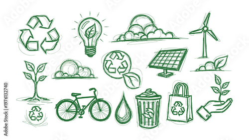 Sustainable Icon Set: A comprehensive collection of hand-drawn green icons representing various aspects of sustainability, environmental protection, and eco-friendly practices.