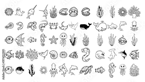Ocean animals and sea life creatures mega collection in cute cartoon line art style