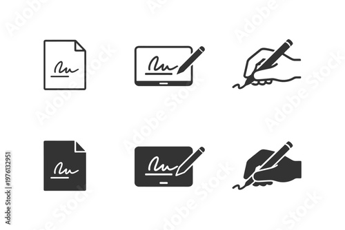 Digital and manual signature icons: document, tablet, pen, hand illustrations.