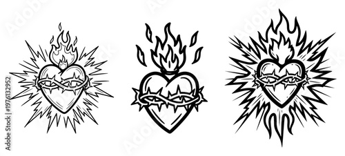 Sacred Heart symbols with flames and crown of thorns in hand drawn sketch style