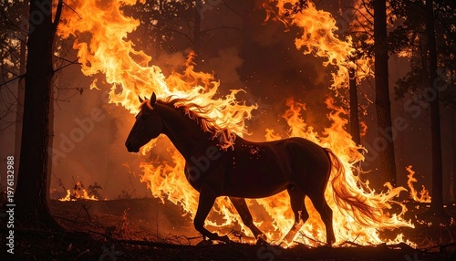 Horse engulfed in flames - A dramatic scene of natures fury.