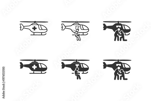 Emergency helicopter rescue icons with medics and patients in black and white.