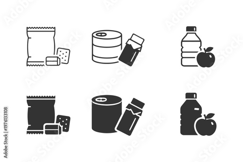 Icon set of packaged food and drinks: snacks, cans, and bottles.