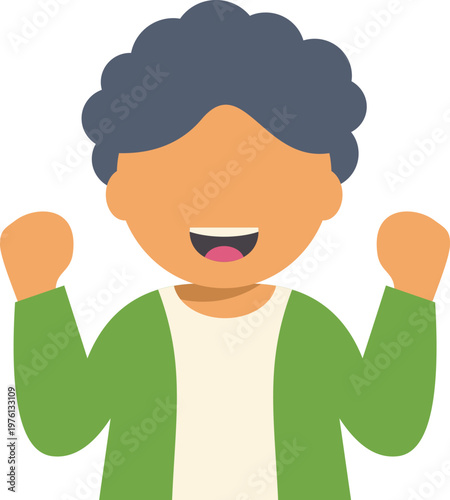 Person cheering achievement with a joyful expression and raised arms