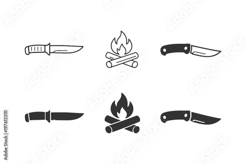 Collection of knife and campfire icons for outdoor and survival themes.