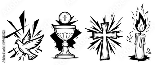 Christian religious symbols set including dove chalice cross and candle in hand drawn graphic style