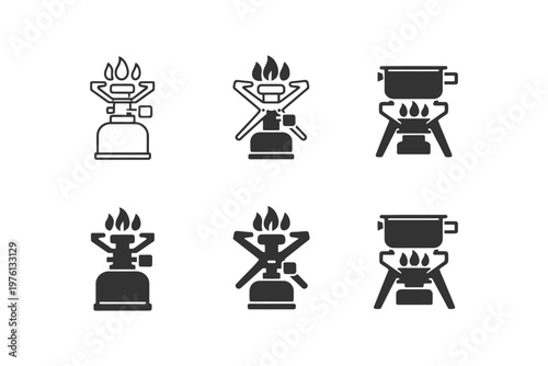Camping stove icons set featuring gas burners with flames and cooking pot.