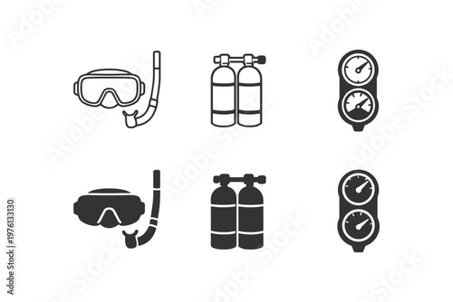 Scuba diving equipment icons set: mask, snorkel, air tank, gauges.