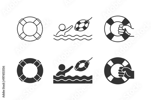 Collection of lifebuoy and rescue icons for water safety.