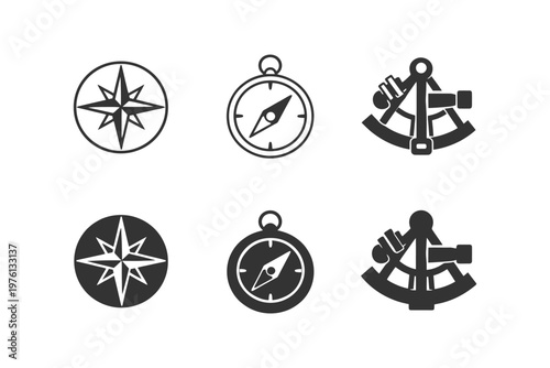 Set of navigation icons featuring compass and sextant designs.