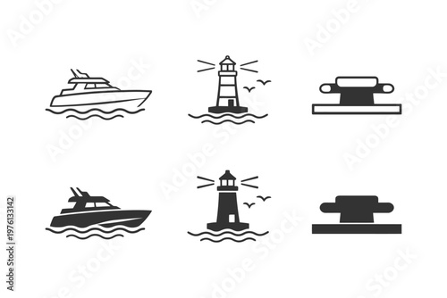 Nautical icons: boat, lighthouse, bollard design set.