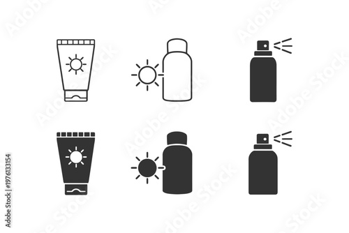 Sunscreen icon set featuring lotion tubes and spray bottles.