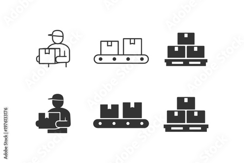 Warehouse logistics icons including worker with boxes and conveyor belt.
