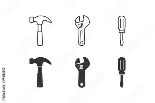 Set of wrench, hammer, and screwdriver icons in black and white.