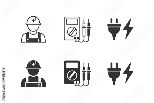 Electrical symbols: technician, multimeter, plug, lightning bolt icons.