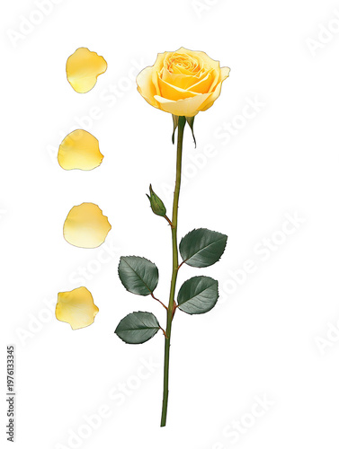 A beautiful yellow rose with petals falling off on transparent background