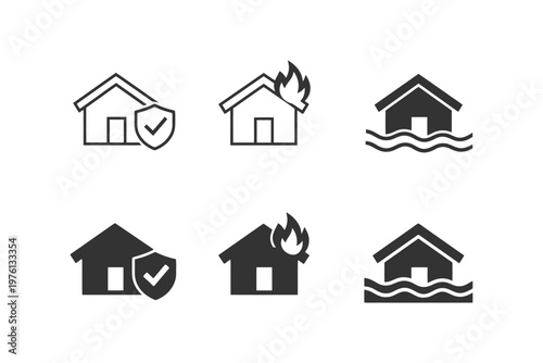 Home insurance icons: security, fire, flood protection symbols in black and white.