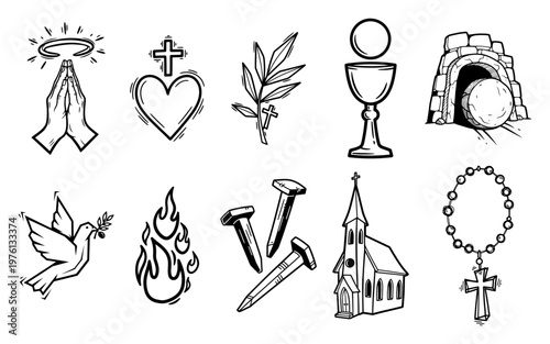 Christian religious icons set with praying hands sacred heart and church in hand drawn sketch style