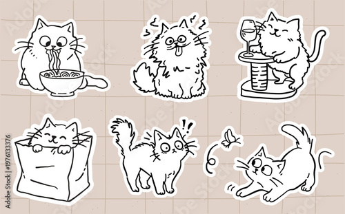 Funny expressive cat sticker set black and white hand drawn kawaii cats reaction emotions meme style cute kitten characters planner stickers scrapbook diary vector illustration