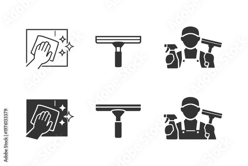 Cleaning icons set: squeegee, hand wiping, male figure with spray and squeegee.