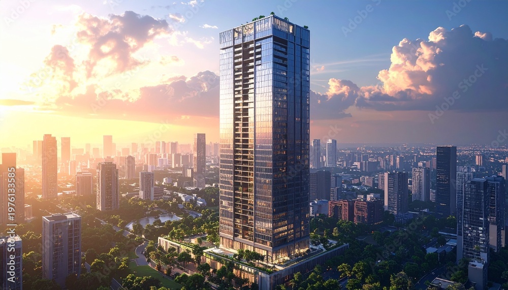 Naklejka premium Modern Skyscraper Dominating Cityscape at Sunset - Architectural Marvel.