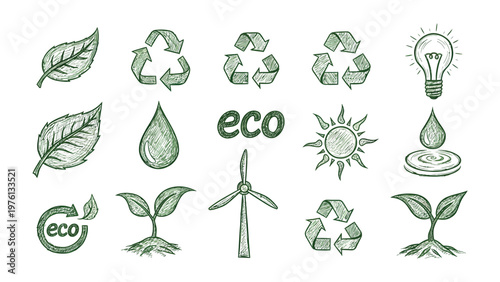 Eco-Friendly Icons: A collection of hand-drawn icons that are a testament to environmental awareness and sustainable living. From recycling symbols to leaves and wind turbines.