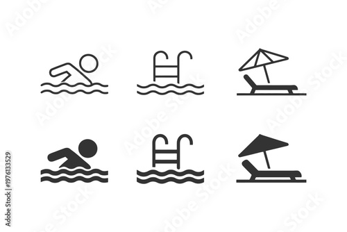 Swimming and relaxing icon set including pools and umbrella loungers.