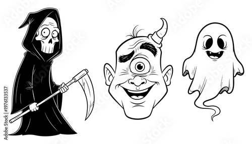 Foto Halloween horror characters with grim reaper cyclops and spooky ghost in hand dr