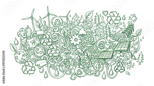 Eco-Friendly Doodle: A vibrant illustration showcasing sustainable living and environmental awareness, where the essence of green energy and recycling harmonizes within a doodle.