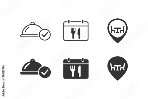 Restaurant reservation icons collection: dining symbols with calendar, table, and dish icons.