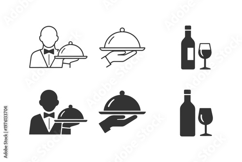Elegant dining icons with servant figures and wine bottle illustrations.