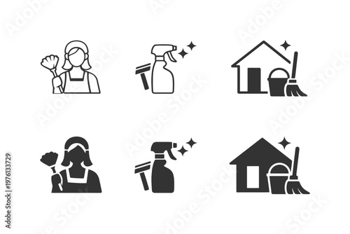 Cleaning icons set featuring female in apron with spray bottle and house with broom.