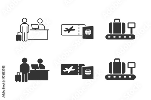 Airport travel icons: check-in, boarding pass, baggage claim illustrations.