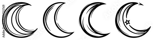 Crescent moon icons in various hand drawn ink sketch styles